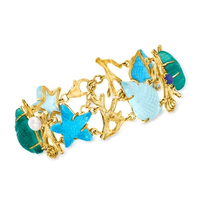 Ross-simons Italian Tagliamonte Blue And Green Venetian Glass Sealife Bracelet With Cultured Pearl In 18kt Gold 