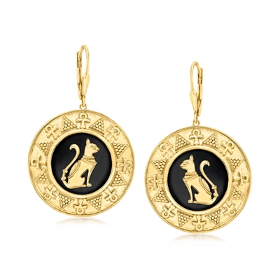 Ross-simons Black Onyx Cat Hieroglyphic Medallion Drop Earrings In 18kt Gold Over Sterling