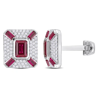 Mimi & Max 5-1/4ct Tgw Octagon And Baguette-cut Created Ruby And Created White Sapphire Cufflinks In Sterling S In Red