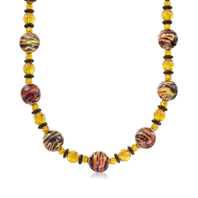 Ross-simons Italian Tiger-print Murano Glass Bead Necklace With 18kt Gold Over Sterling In Red