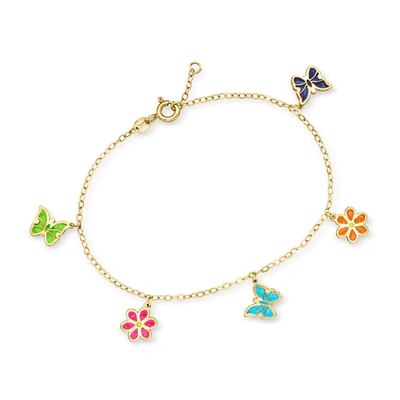 Rs Pure By Ross-simons Italian Multicolored Enamel Butterfly And Flower Charm Bracelet In 14kt Yellow Gold In Blue