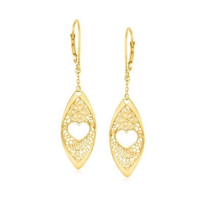 Ross-simons Italian 14kt Yellow Gold Heart Lace Marquise-shaped Drop Earrings In White