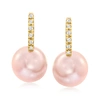 Ross-simons 8-8.5mm Pink Cultured Pearl Huggie Hoop Drop Earrings With Diamond Accents In 14kt Yellow Gold In Pink