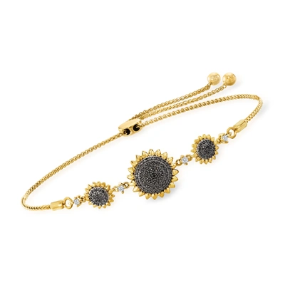 Ross-simons Black And White Diamond Sunflower Bolo Bracelet In 18kt Gold Over Sterling