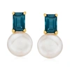 Ross-simons 8-8.5mm Cultured Pearl And London Blue Topaz Earrings In 18kt Gold Over Sterling In Blue