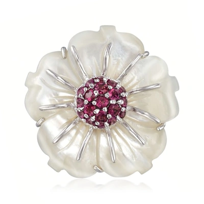 Ross-simons Mother-of-pearl And Rhodolite Garnet Flower Pin In Sterling Silver In White