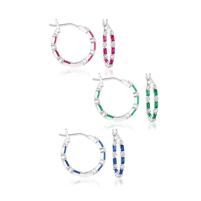 Ross-simons Cz And Multi-gemstone Jewelry Set: 3 Pairs Of Hoop Earrings In Sterling Silver