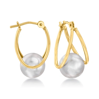 Ross-simons 8-9mm Gray Cultured Pearl Double-hoop Earrings In 14kt Yellow Gold In Silver