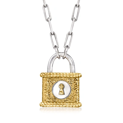 Ross-simons Two-tone Sterling Silver Padlock Pendant Necklace In Gold