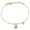 Mimi & Max Pink Enamel Lock And Heart Charm Bracelet In Yellow Silver- 7+1 In. In Pink