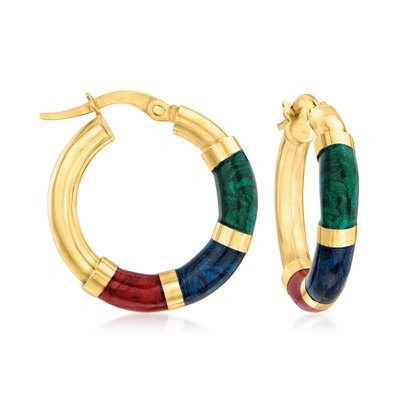 Ross-simons Italian 14kt Yellow Gold And Multicolored Enamel Hoop Earrings In Green