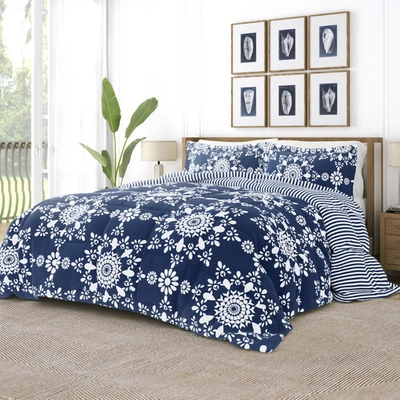 Ienjoy Home Daisy Medallion Navy Reversible Pattern Comforter Set Down-alternative Ultra Soft Microfiber Bedding