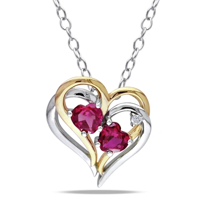 Mimi & Max Diamond And Created Ruby Heart Pendant With Chain In 2-tone Yellow And White Sterling Silver In Pink