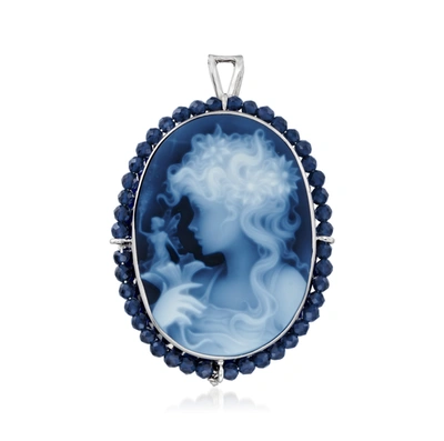 Ross-simons Italian Black Agate Girl With Fairy Cameo Pin/pendant With Blue Spinel In Sterling Silver