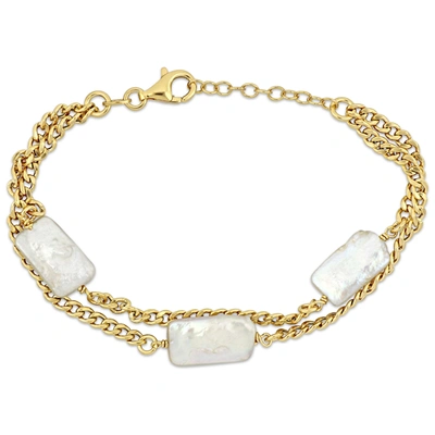 Mimi & Max 10x15.5mm Cultured Freshwater Rectangular Pearl Double Row Bracelet With Curb Chain In Yellow Plated In Silver