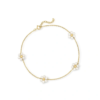 Rs Pure Ross-simons 3-3.5mm Cultured Pearl Flower Station Anklet In 14kt Yellow Gold In White