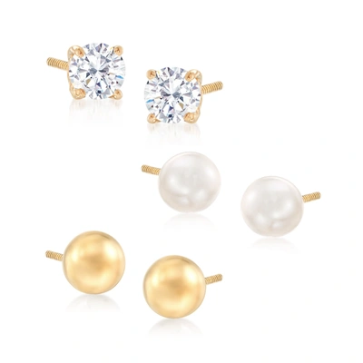 Ross-simons Child's Jewelry Set: . Cz, Cultured Pearl And 14kt Yellow Gold Stud Earrings In White