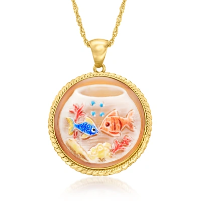 Ross-simons Italian Brown Shell Cameo Fish Bowl Pendant Necklace In 18kt Gold Over Sterling In Pink