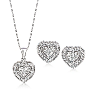 Ross-simons Diamond Jewelry Set: Heart-shaped Earrings And Pendant Necklace In Sterling Silver In Multi