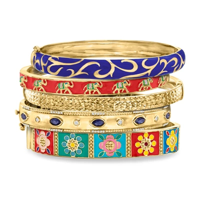 Ross-simons "adventure Stack" Set Of 5 Bangle Bracelets In 18kt Gold Over Sterling In Blue