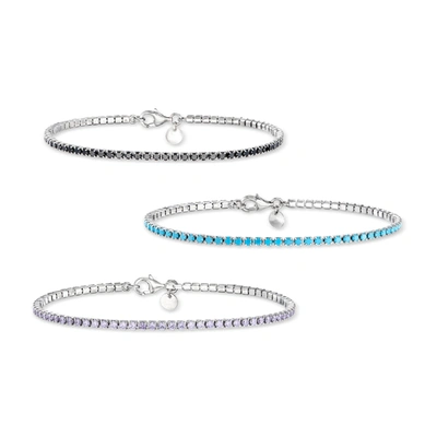 Ross-simons Italian Onyx, Turquoise And Tanzanite Jewelry Set: 3 Tennis Bracelets In Sterling Silver