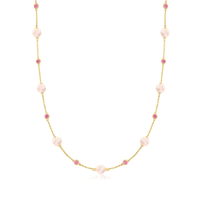 Ross-simons 6-6.5mm Pink Cultured Pearl And Pink Topaz Station Necklace In 14kt Yellow Gold