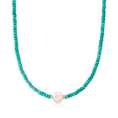Ross-simons 11.5-12.5mm Cultured Pearl And 4-5mm Turquoise Bead Necklace With 14kt Yellow Gold In Blue