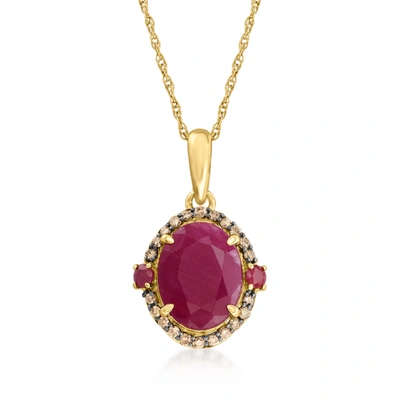 Ross-simons Ruby And . Brown Diamond Pendant Necklace In 14kt Yellow Gold In Red