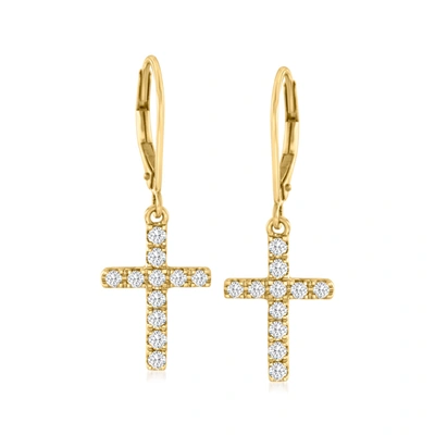 Ross-simons Diamond Cross Drop Earrings In 14kt Yellow Gold In White