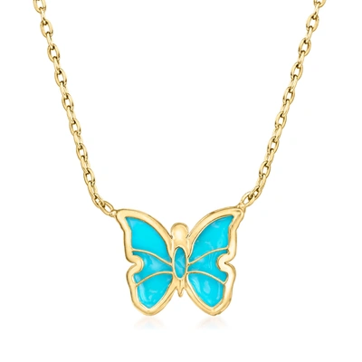 Rs Pure By Ross-simons Italian Turquoise Enamel Butterfly Necklace In 14kt Yellow Gold In Blue