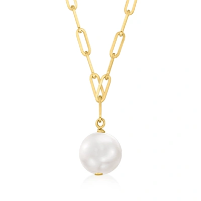 Rs Pure Ross-simons 6mm Cultured Pearl Paper Clip Link Necklace In 14kt Yellow Gold In White