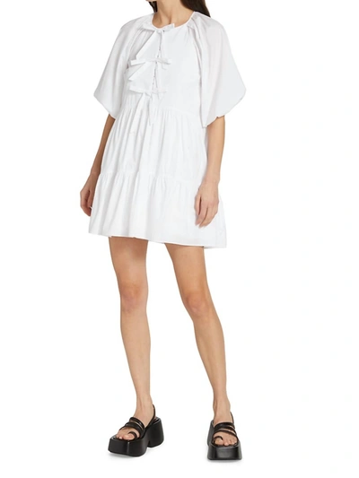 Cinq À Sept Lynn Cotton Bow Detail Puff Sleeve Flared Mini Dress In White
