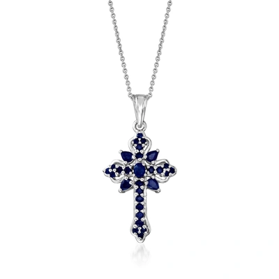 Ross-simons Sapphire Cross Pendant Necklace In Sterling Silver In Metallic
