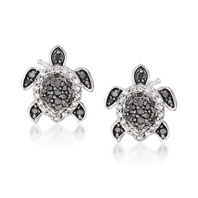 Ross-simons Black And White Diamond Turtle Earrings In Sterling Silver