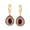 Ross-simons Garnet And . Red And White Diamond Drop Earrings In 18kt Gold Over Sterling In Silver