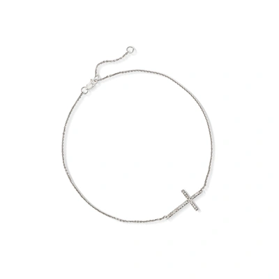 Ross-simons 14kt White Gold Sideways Cross Anklet With Diamond Accents In Silver