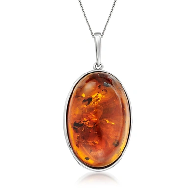 Ross-simons Oval Cognac Amber Pendant Necklace In Sterling Silver In Multi