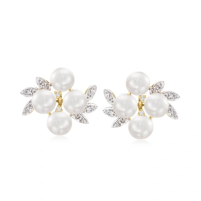 Ross-simons 5.5-6mm Cultured Pearl Cluster Earrings With Diamond Accents In 14kt Yellow Gold In Silver