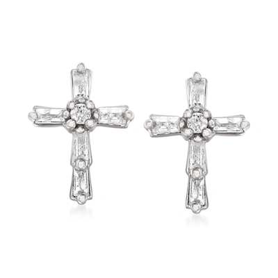 Ross-simons Baguette And Round Diamond Cross Earrings In Sterling Silver
