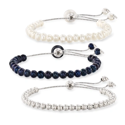 Ross-simons 4mm Cultured Pearl And Sterling Silver Bead Jewelry Set: 3 Bolo Bracelets In Blue