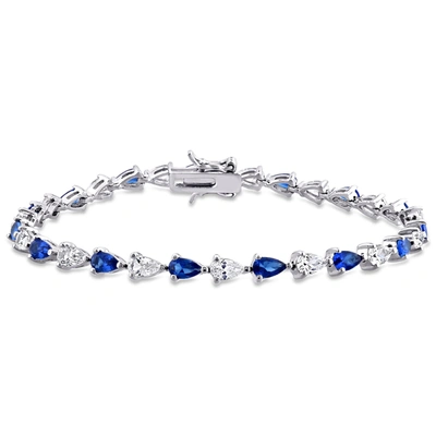 Mimi & Max 10 1/2 Ct Tgw Pear Shape Created Blue And White Sapphire Tennis Bracelet In Sterling Silver