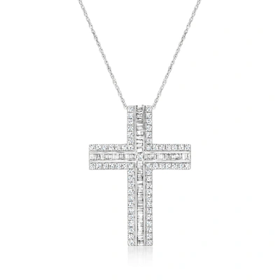 Ross-simons Baguette And Round Cross Pendant Necklace In 14kt White Gold In Silver