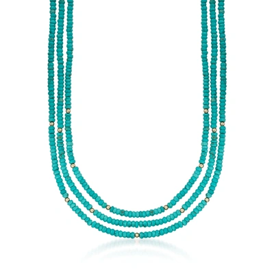 Ross-simons Turquoise Bead 3-strand Necklace With 14kt Yellow Gold In Blue