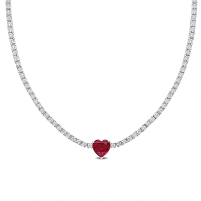 Mimi & Max 18ct Tgw Heart Shaped Created Ruby And Created White Sapphire Tennis Necklace In Sterling Silver In Red