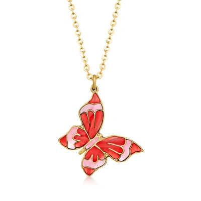 Ross-simons Italian Pink And Red Enamel Butterfly Necklace In 14kt Yellow Gold