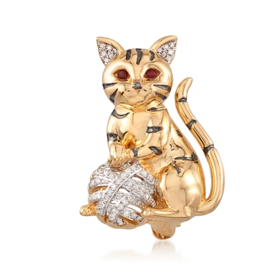 Ross-simons Diamond Cat Pin Pendant With Garnet Accents In 18kt Gold Over Sterling