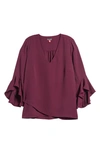 VINCE CAMUTO FLUTTER SLEEVE CROSSOVER GEORGETTE TUNIC TOP