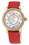 GV2 MARSALA MOTHER OF PEARL DIAL DIAMOND FAUX LEATHER STRAP WATCH, 37MM