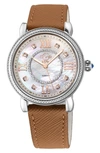 GV2 MARSALA MOTHER OF PEARL DIAL DIAMOND FAUX LEATHER STRAP WATCH, 37MM