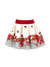 Monnalisa Logo-waistband Floral-print Skirt In Cream + Ruby Red